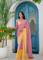 Pink Soft Organza Saree With Yellow Border - Front Look | Buy Online Ethnic9