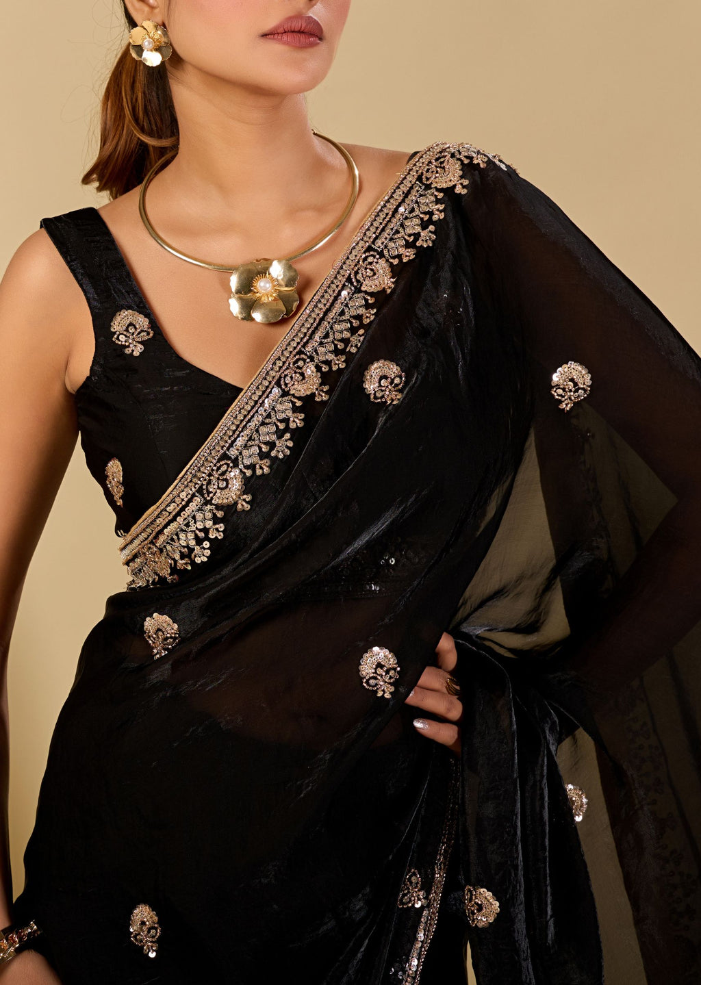 Black Italian Silk Saree Outdoor Look - Wedding Wear Saree