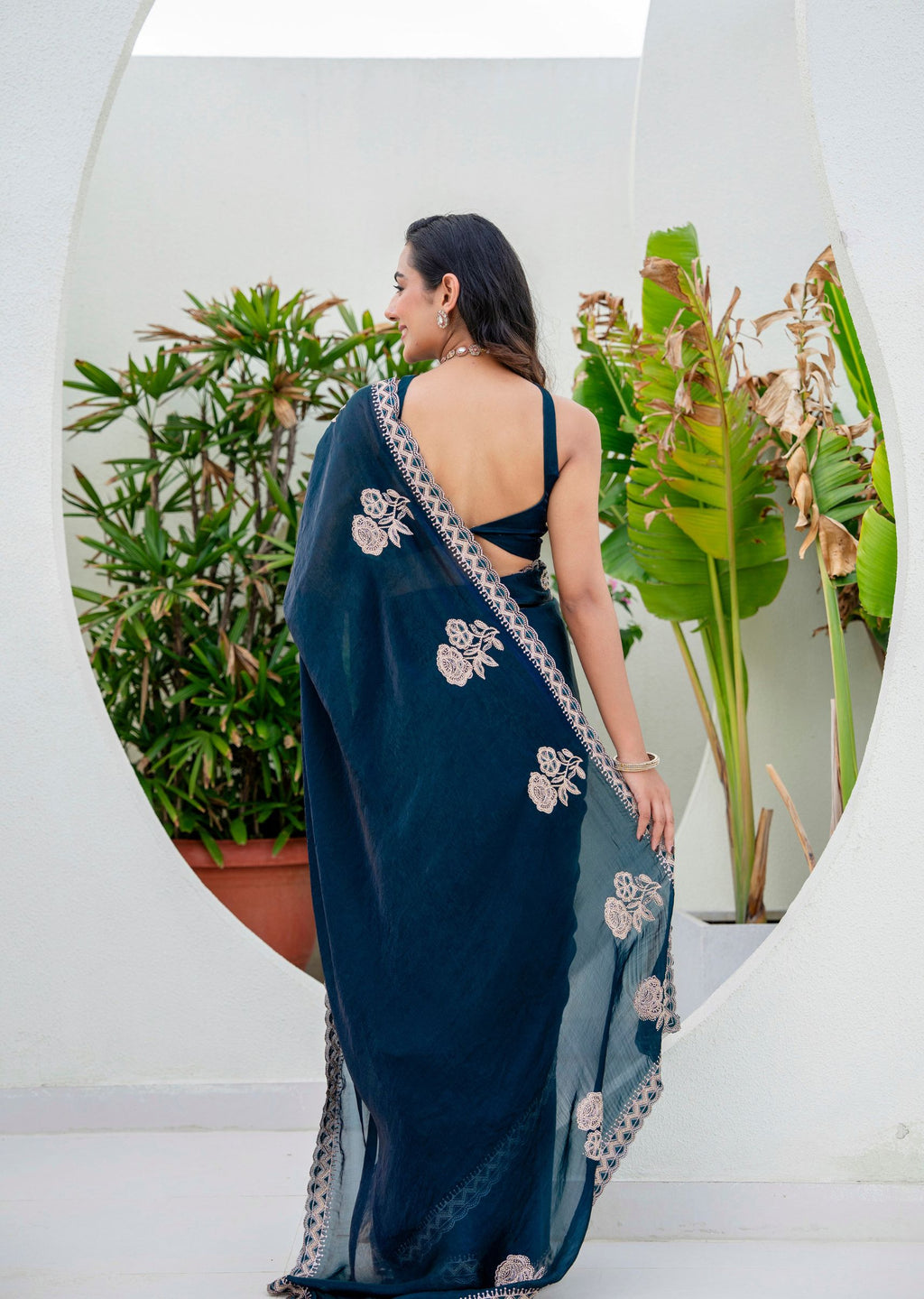 Navy Blue Italian Silk Saree Draped Look - Floral Embroidery Detail