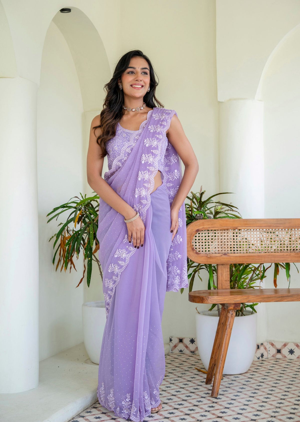 Purple Chiffon Saree Outdoor Styled Pose - Party Wear Saree