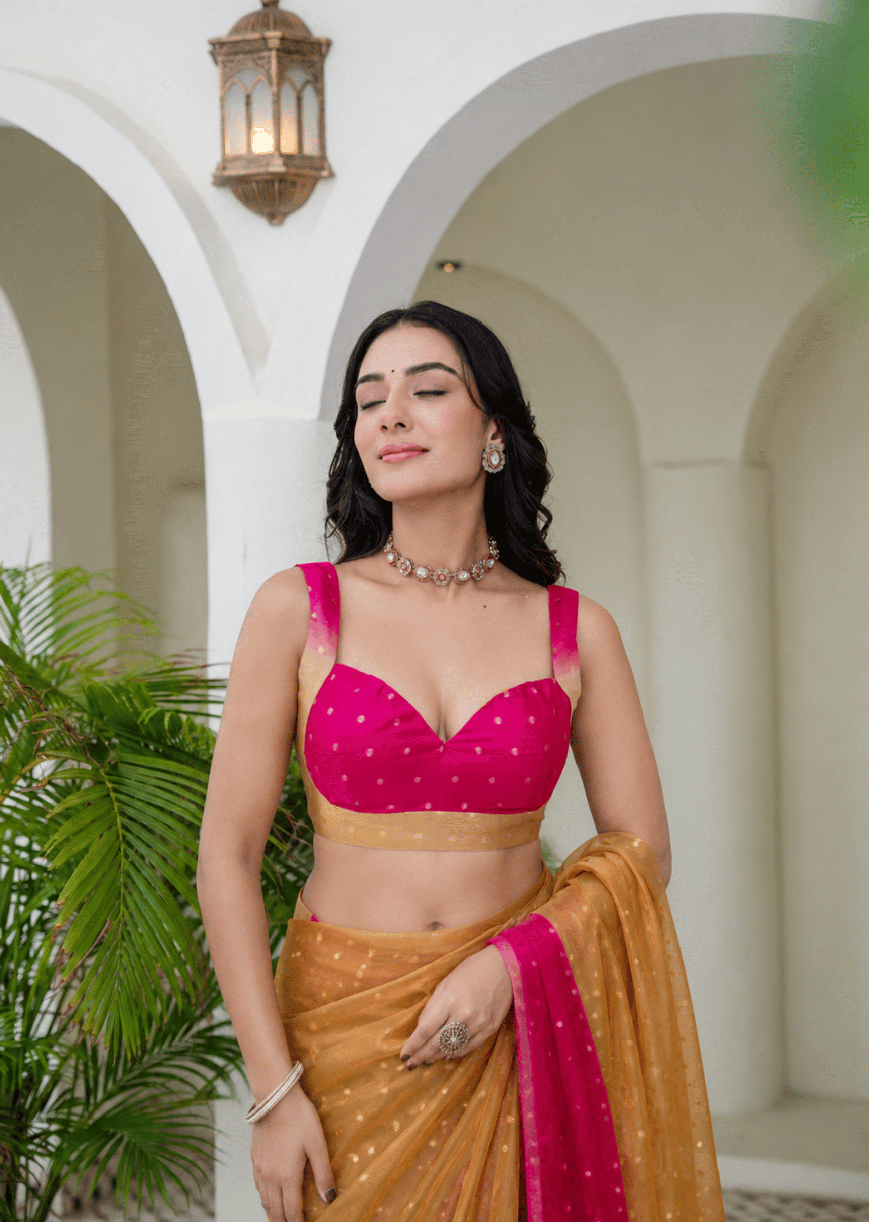 Pista Pink Organza Silk Saree Outdoor Styled Look - Festive Wear Saree
