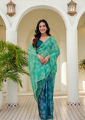 Teal Green Kota Silk Saree With Bandhani Print - Front Look | Buy Online Ethnic9