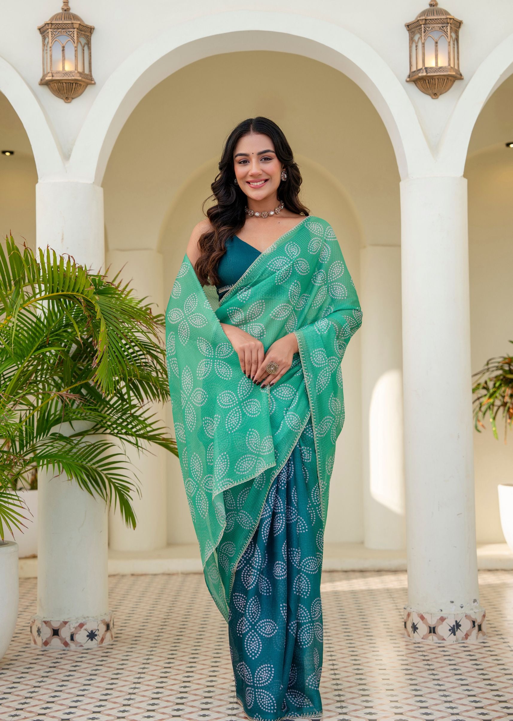 Teal Green Kota Silk Saree With Bandhani Print - Front Look | Buy Online Ethnic9