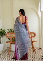 Royal Wine Grey Organza Silk Saree Back Pose - Sequin Work Detail
