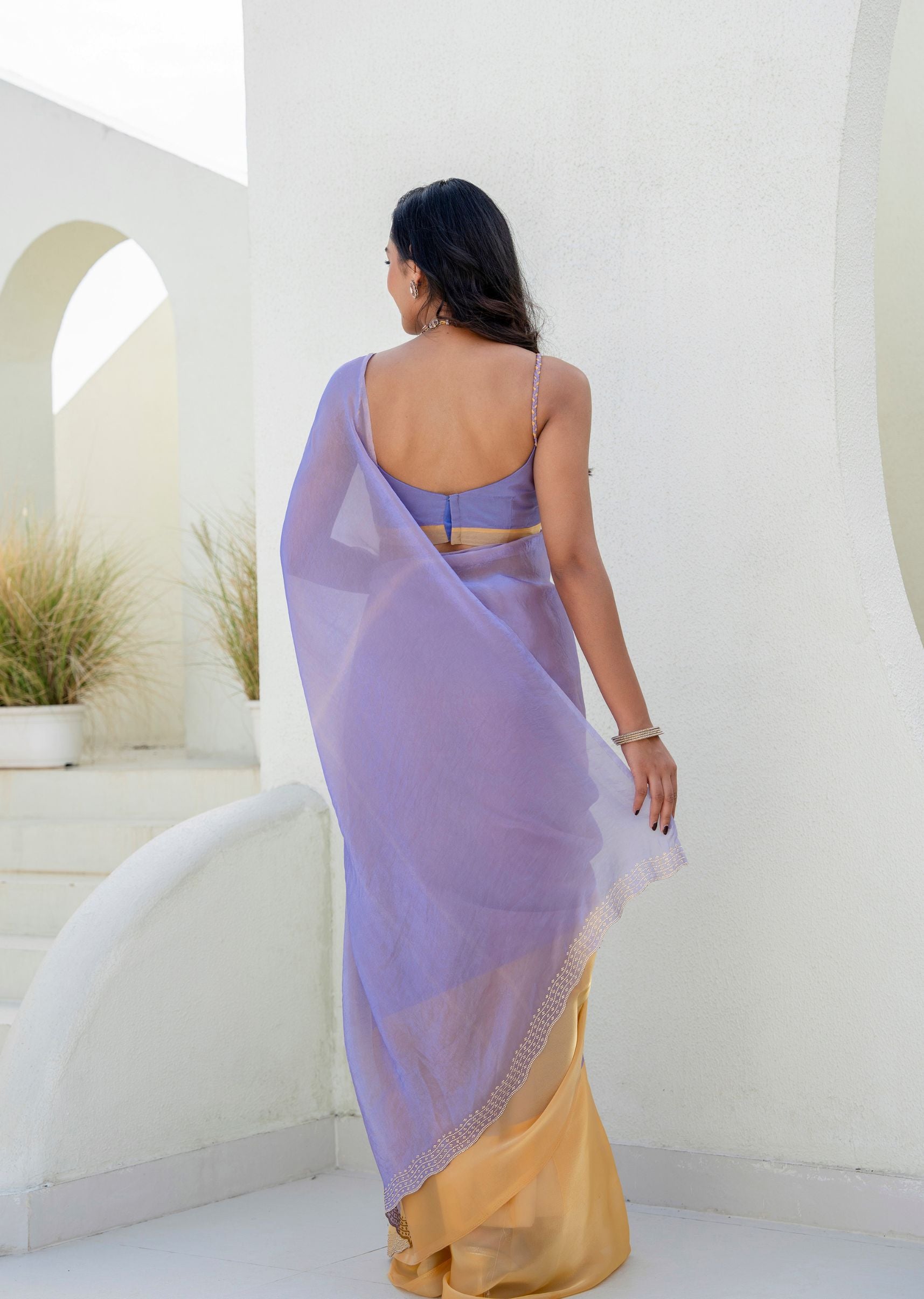 Lavender Organza Saree Draped Look - Golden Yellow Border Detail