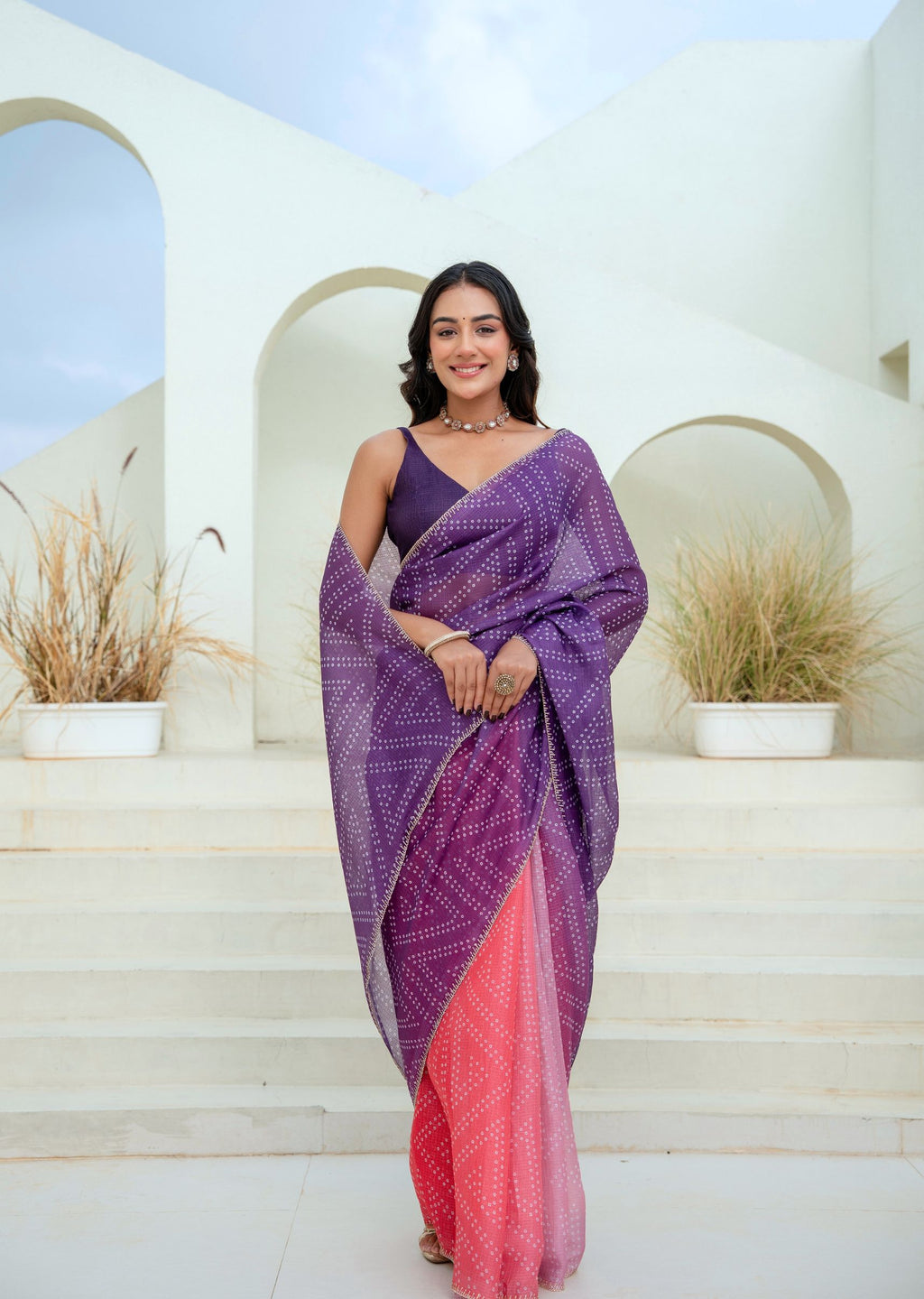 Purple Red Kota Silk Saree Draped Look - Festive Wear Saree