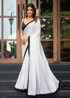 White Italian Silk Saree Outdoor Styled Look - Party Wear Saree