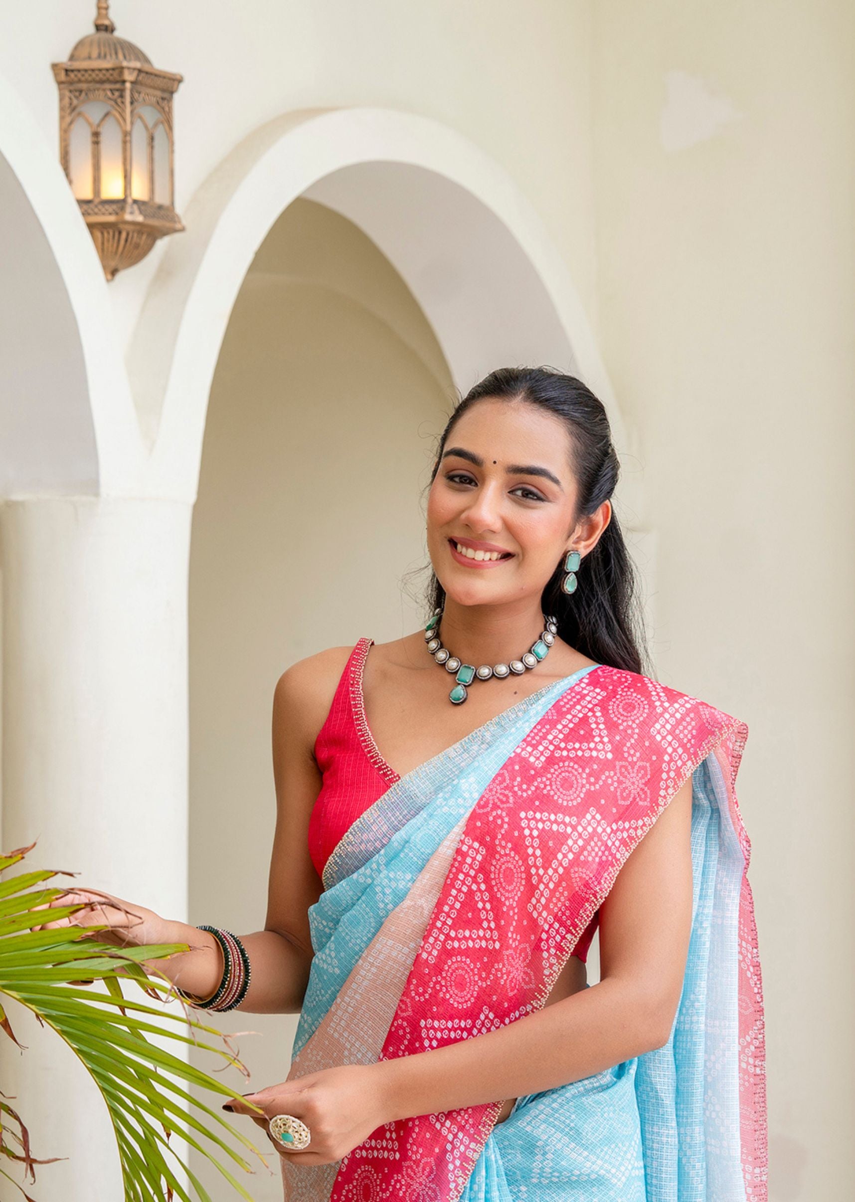 Firozi Red Kota Silk Saree Outdoor Styled Look - Festive Wear Saree