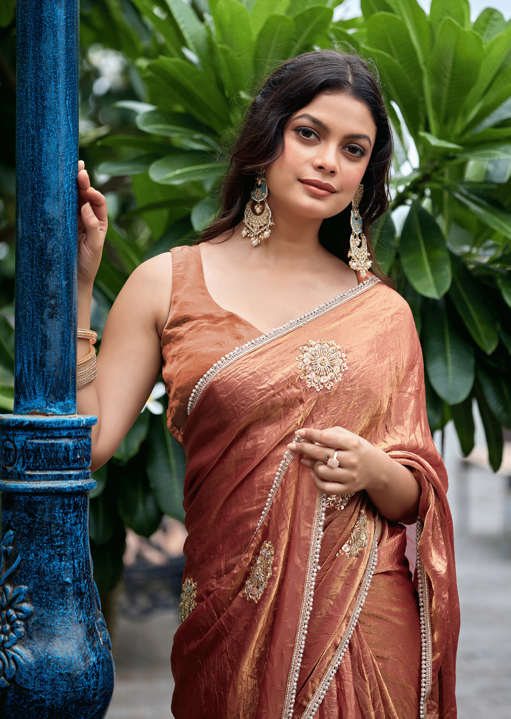 Copper Orange Italian Silk Saree With Matching Blouse - Wedding Wear Look