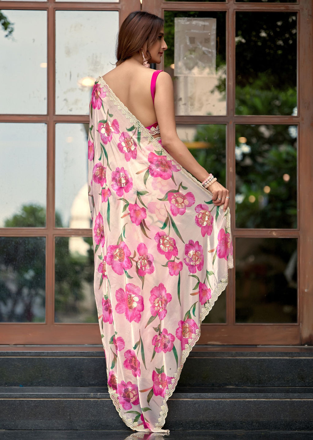 Purple Italian Silk Saree Draped Look - Floral Print Detail