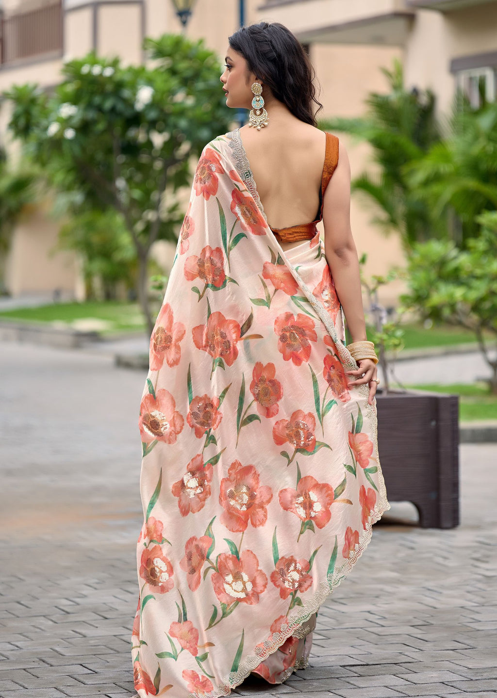 Orange Italian Silk Saree Draped Look - Floral Print Detail