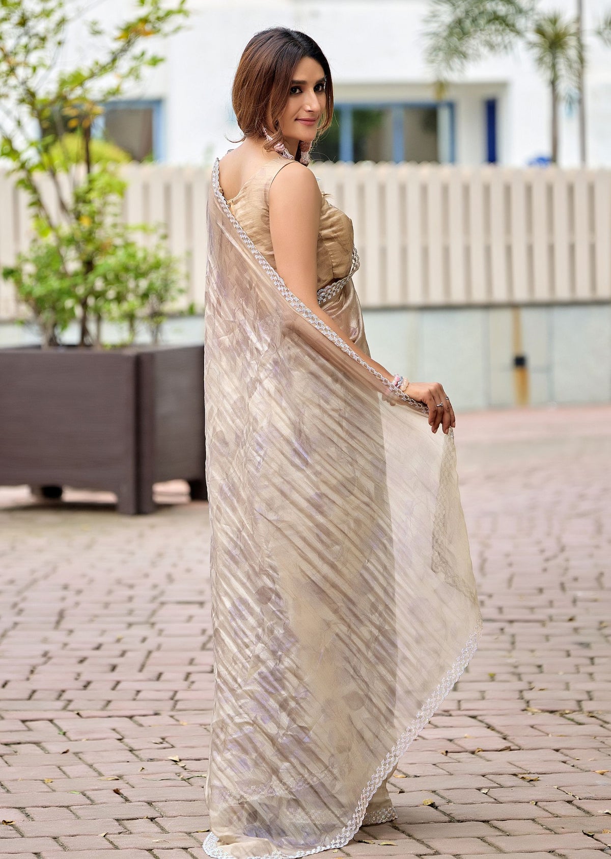 Gold Crushed Organza Saree Draped Look - Sequin Border Detail