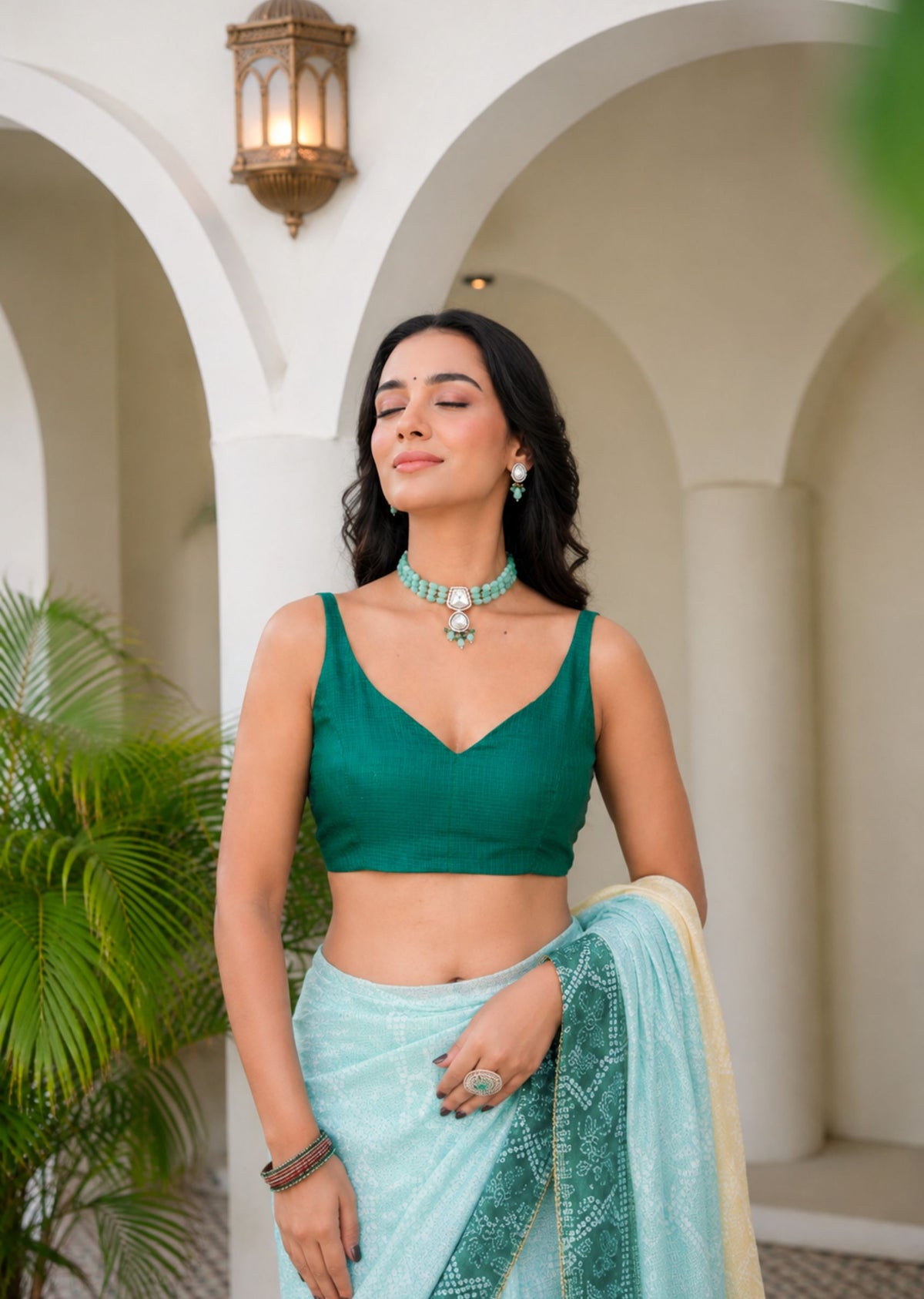Teal Green Kota Silk Saree With Matching Blouse - Festive Wear Look