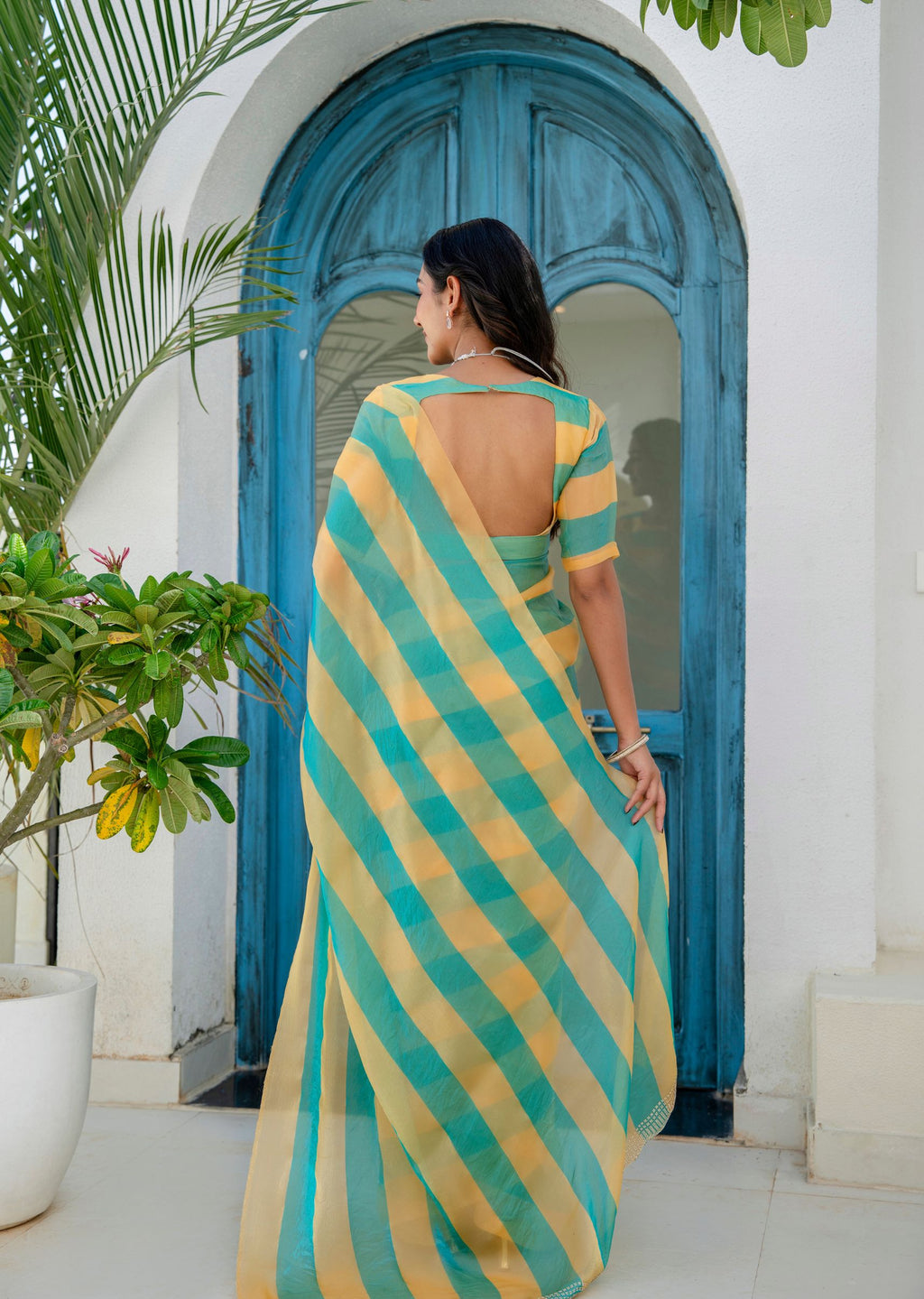 Sky Blue Organza Saree Draped Look - Leheriya Stripes Detail