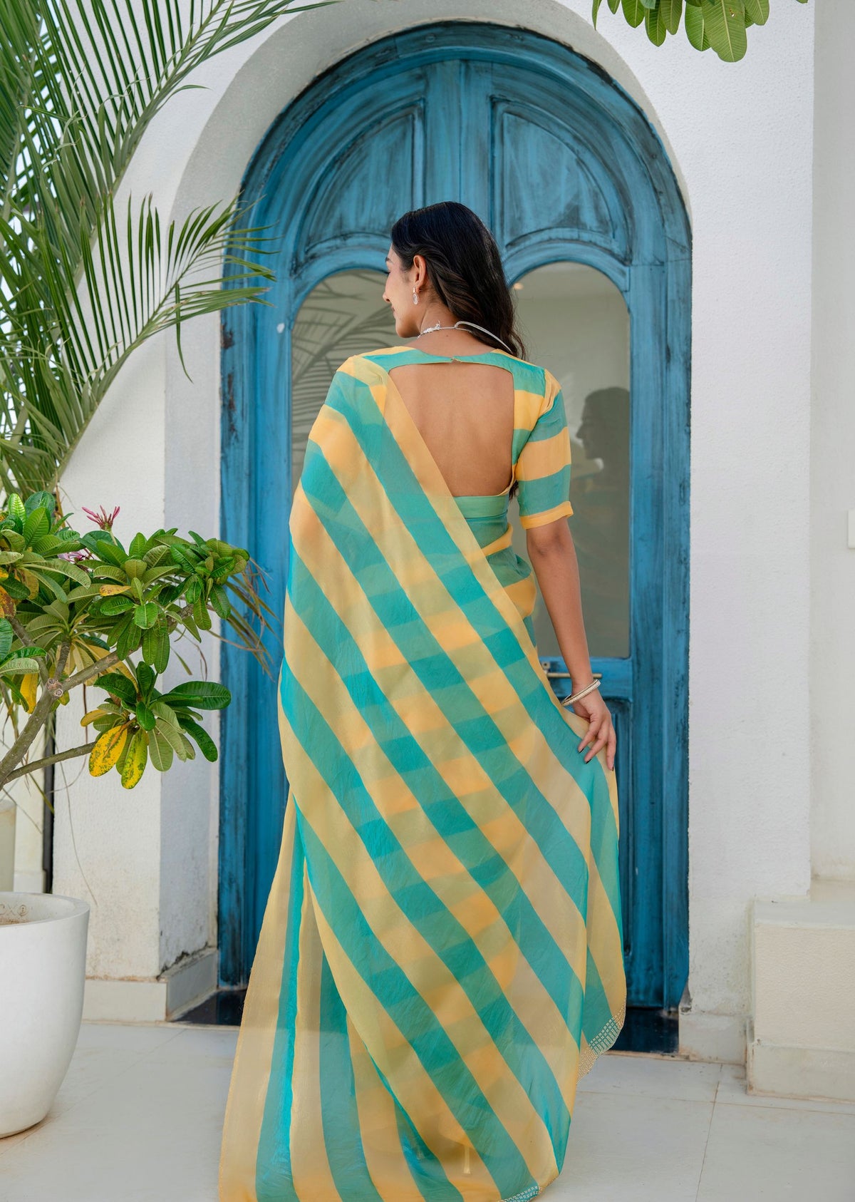 Sky Blue Organza Saree Draped Look - Leheriya Stripes Detail