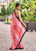 Red Italian Silk Saree Draped Look - Multicolor Stripe Detail