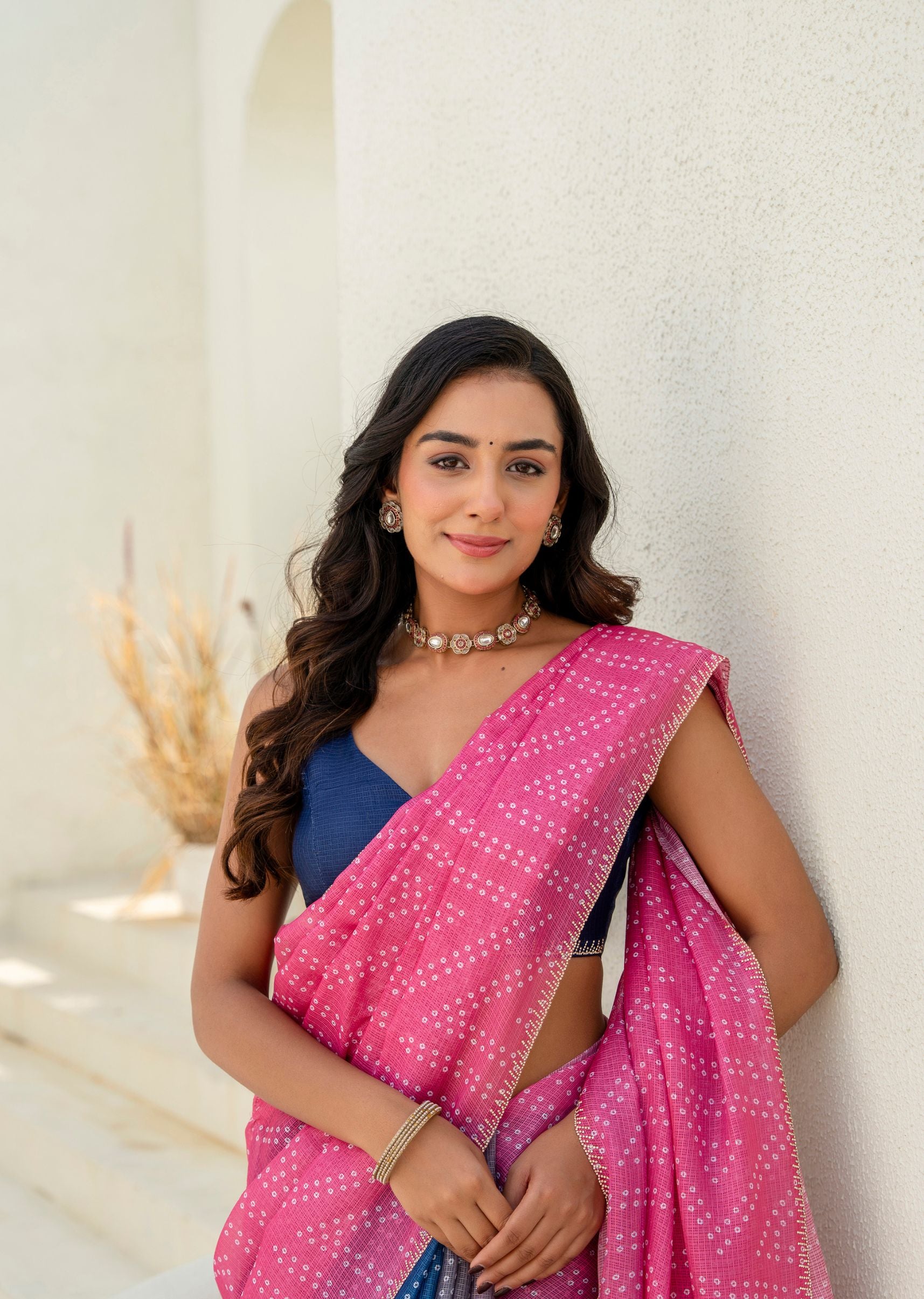 Pink Blue Kota Silk Saree Draped Look - Festive Wear Saree