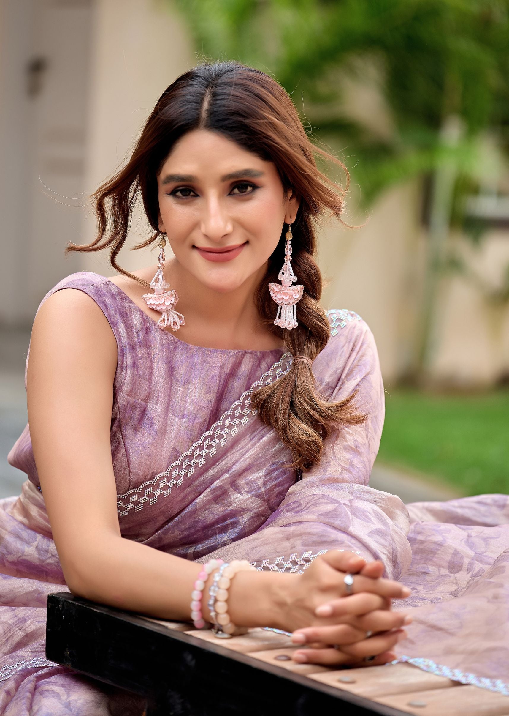 Lavender Crushed Organza Saree With Floral Print - Close Up Look | Buy Online Ethnic9