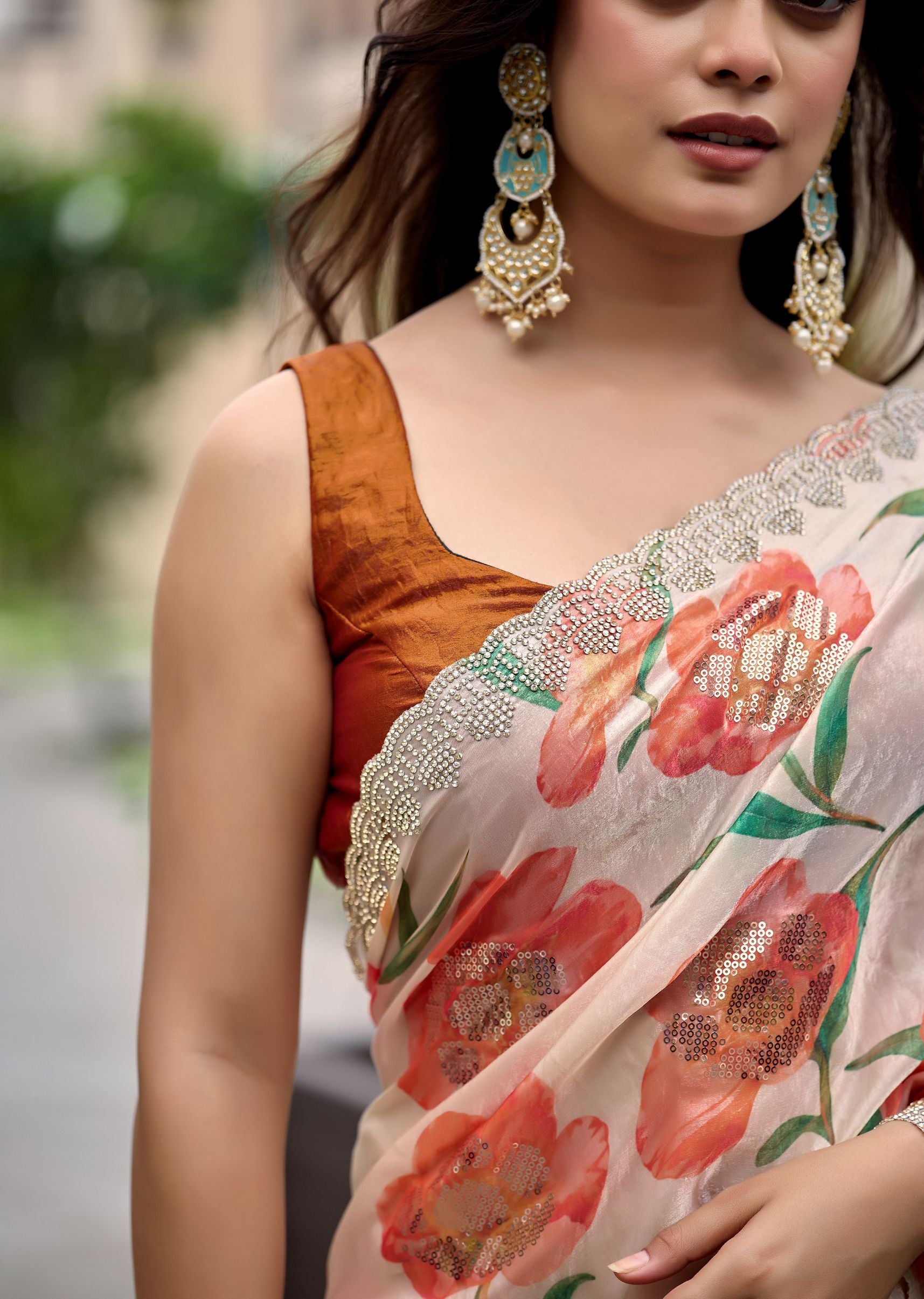 Orange Italian Silk Saree Outdoor Styled Look - Festive Wear Saree