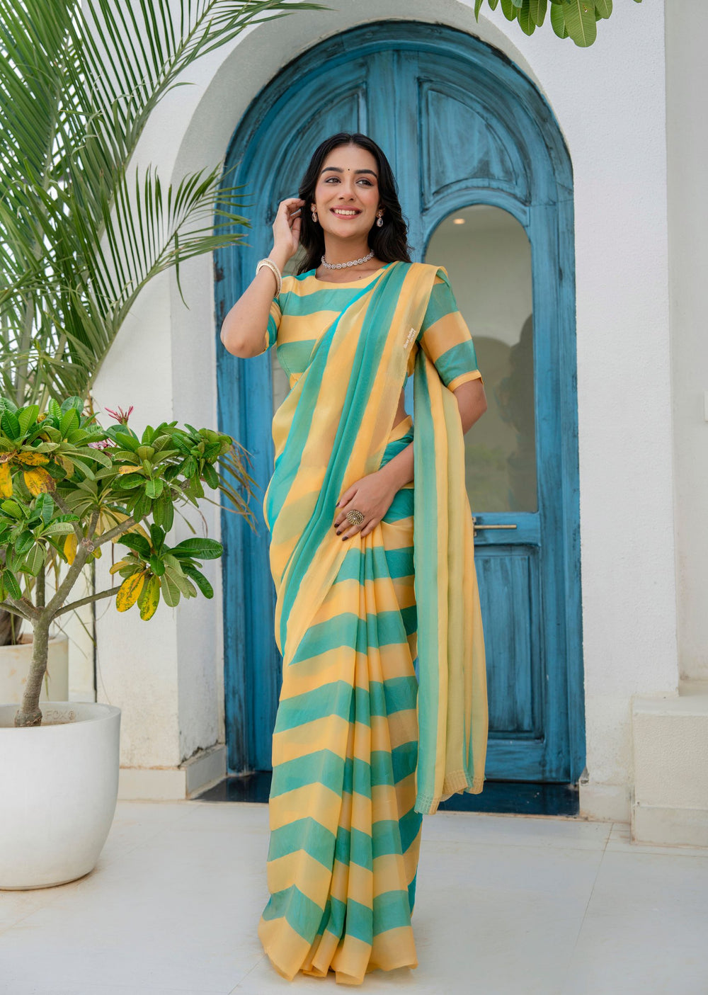 Sky Blue Organza Saree Outdoor Styled Look - Festive Wear Saree