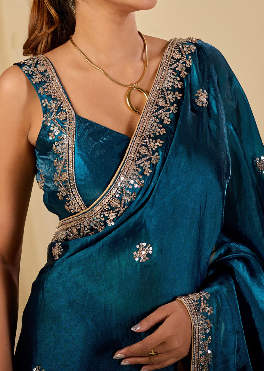 Teal Blue Italian Silk Saree With Embroidery Work