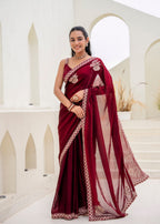 Purple Italian Silk Saree With Embroidery And Stone Work - Front Look | Buy Online Ethnic9
