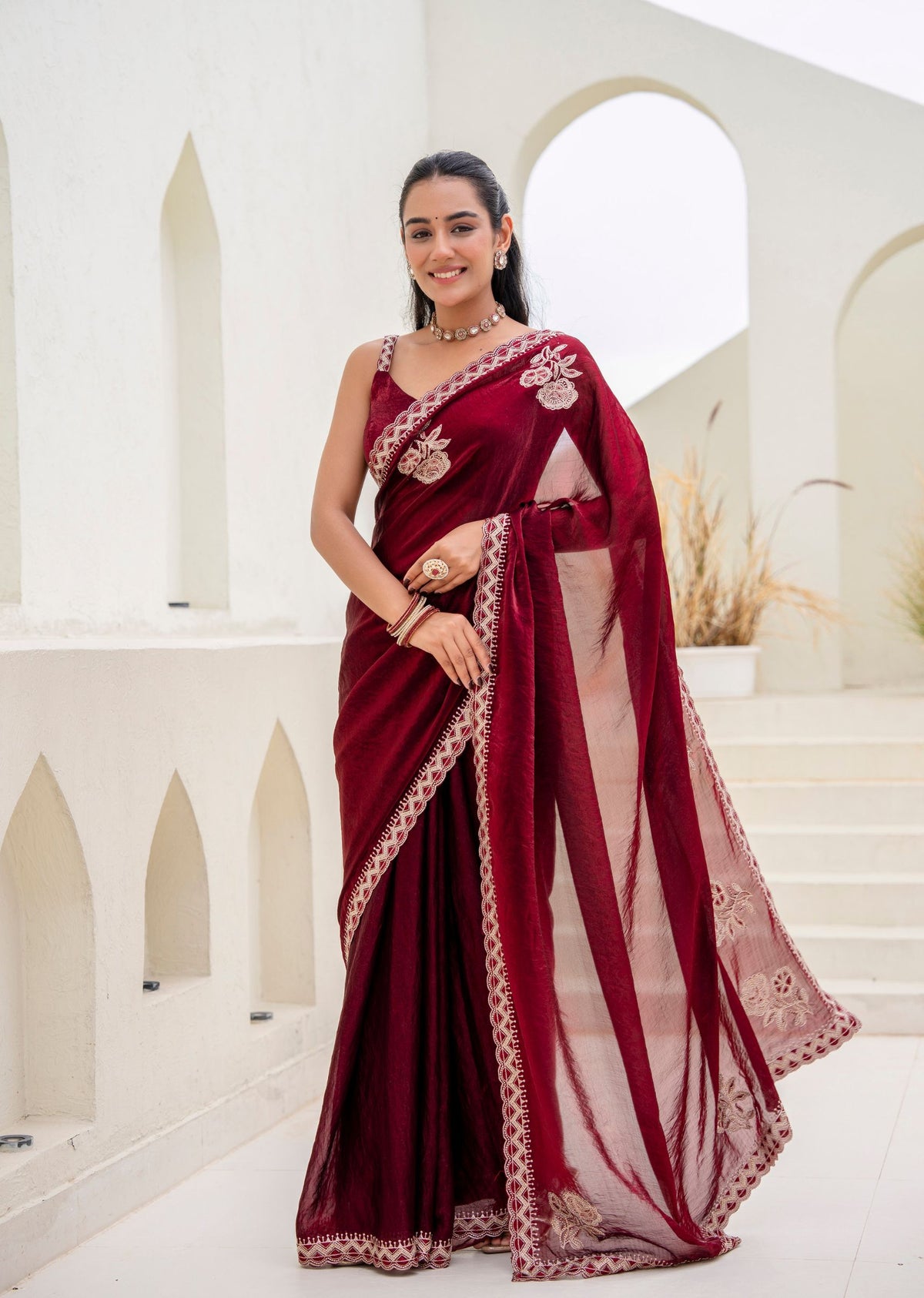 Purple Italian Silk Saree With Embroidery And Stone Work - Front Look | Buy Online Ethnic9