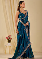 Teal Blue Italian Silk Saree With Embroidery And Stone Work - Front Look | Buy Online Ethnic9