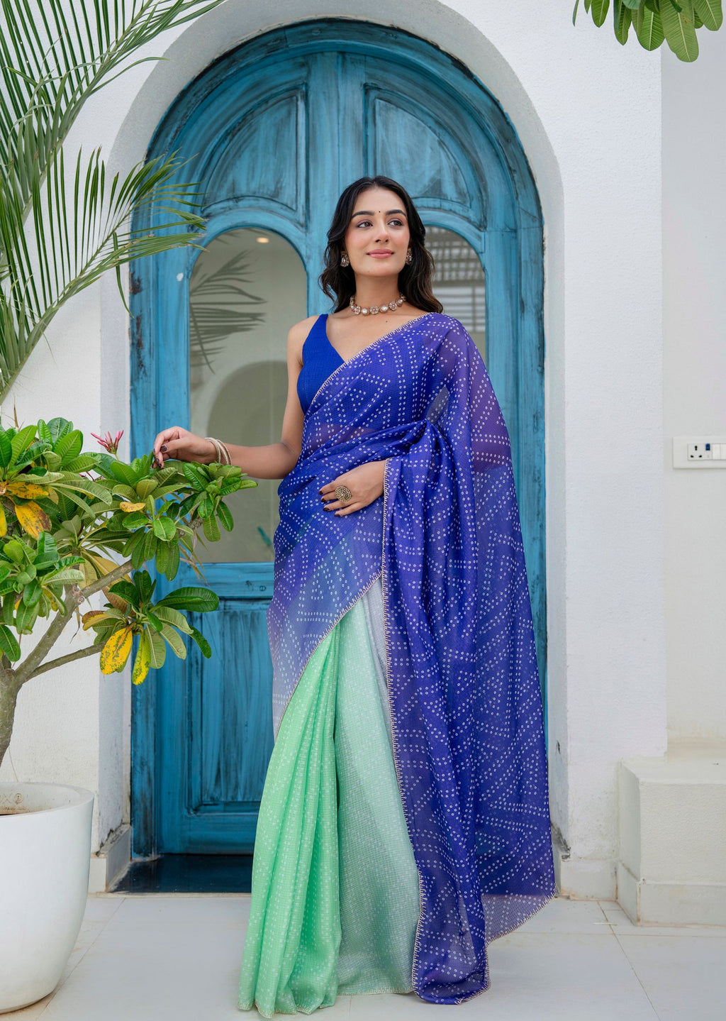 Royal Blue Green Kota Silk Saree Draped Look - Festive Wear Saree