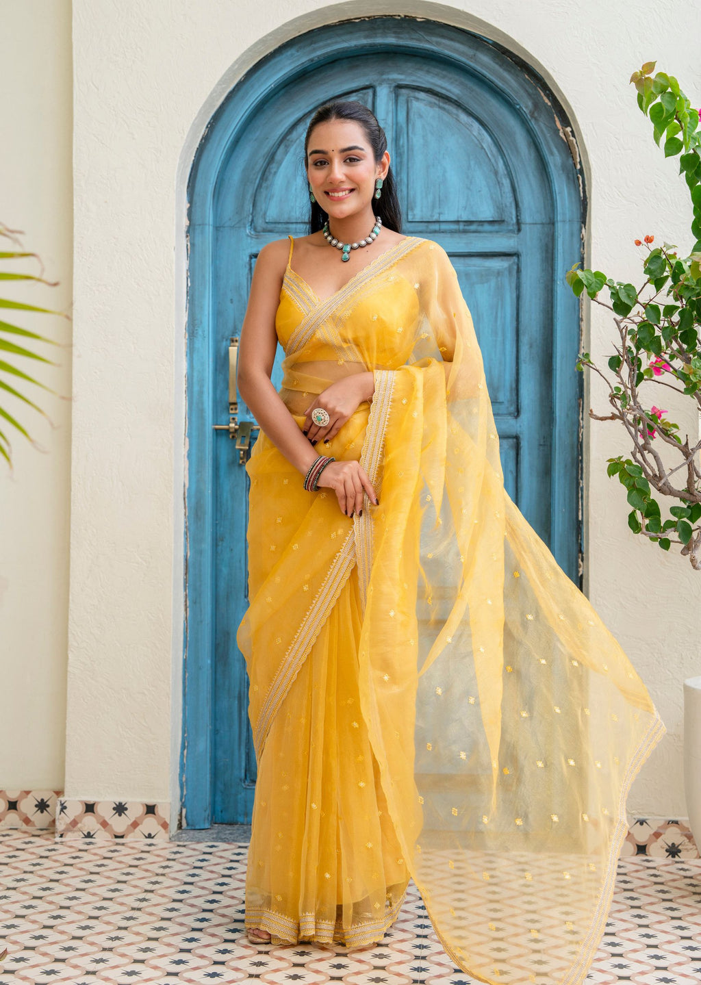 Yellow Tissue Silk Saree Front Pose - Party Wear Saree