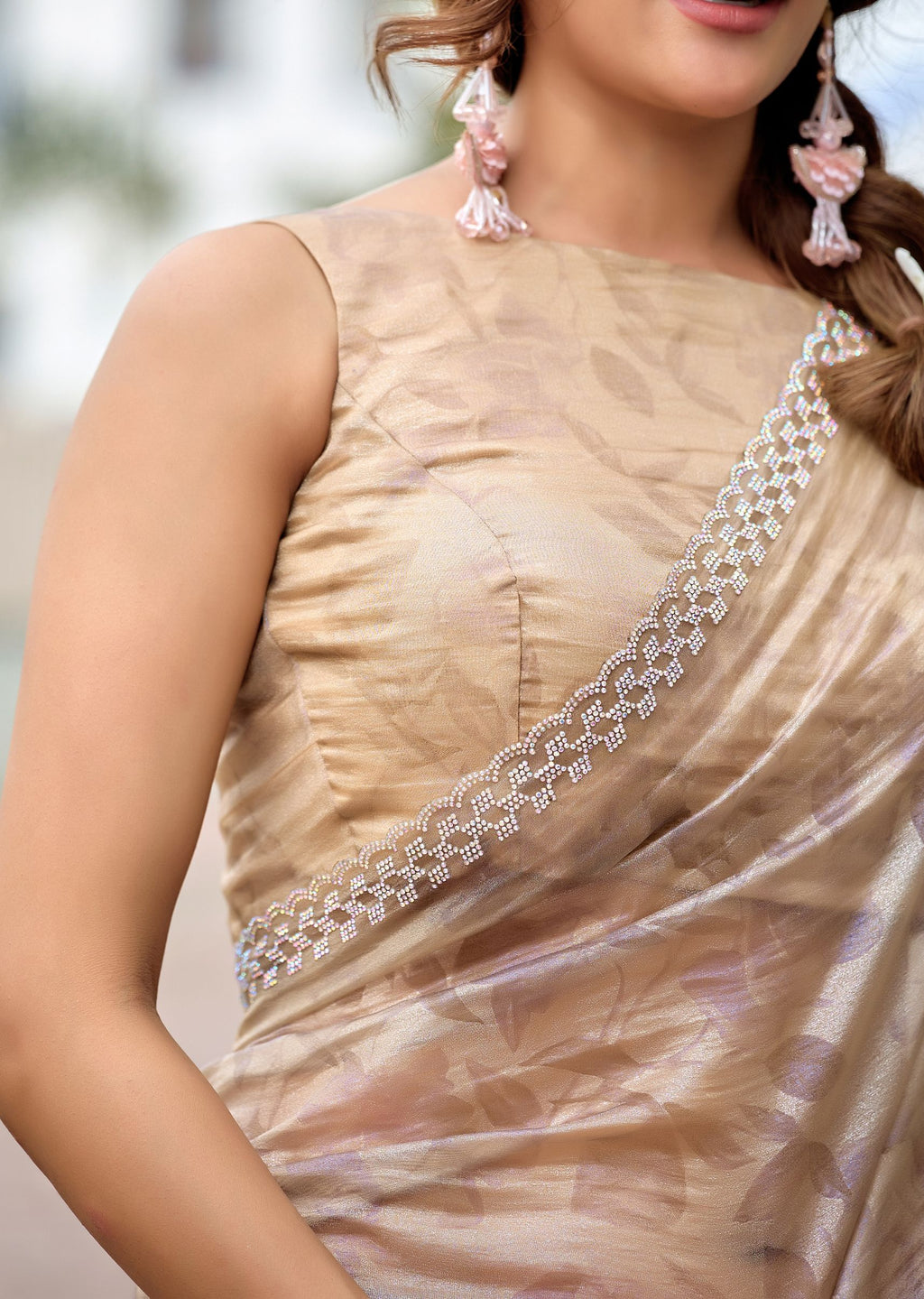 Gold Crushed Organza Saree Blouse Close Up - Silver Embellished Design