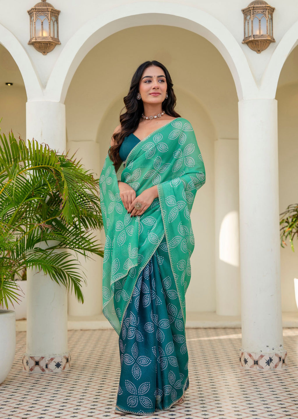 Teal Green Kota Silk Saree Draped Look - Bandhani Print Detail