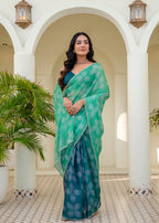 Teal Green Kota Silk Saree Draped Look - Bandhani Print Detail