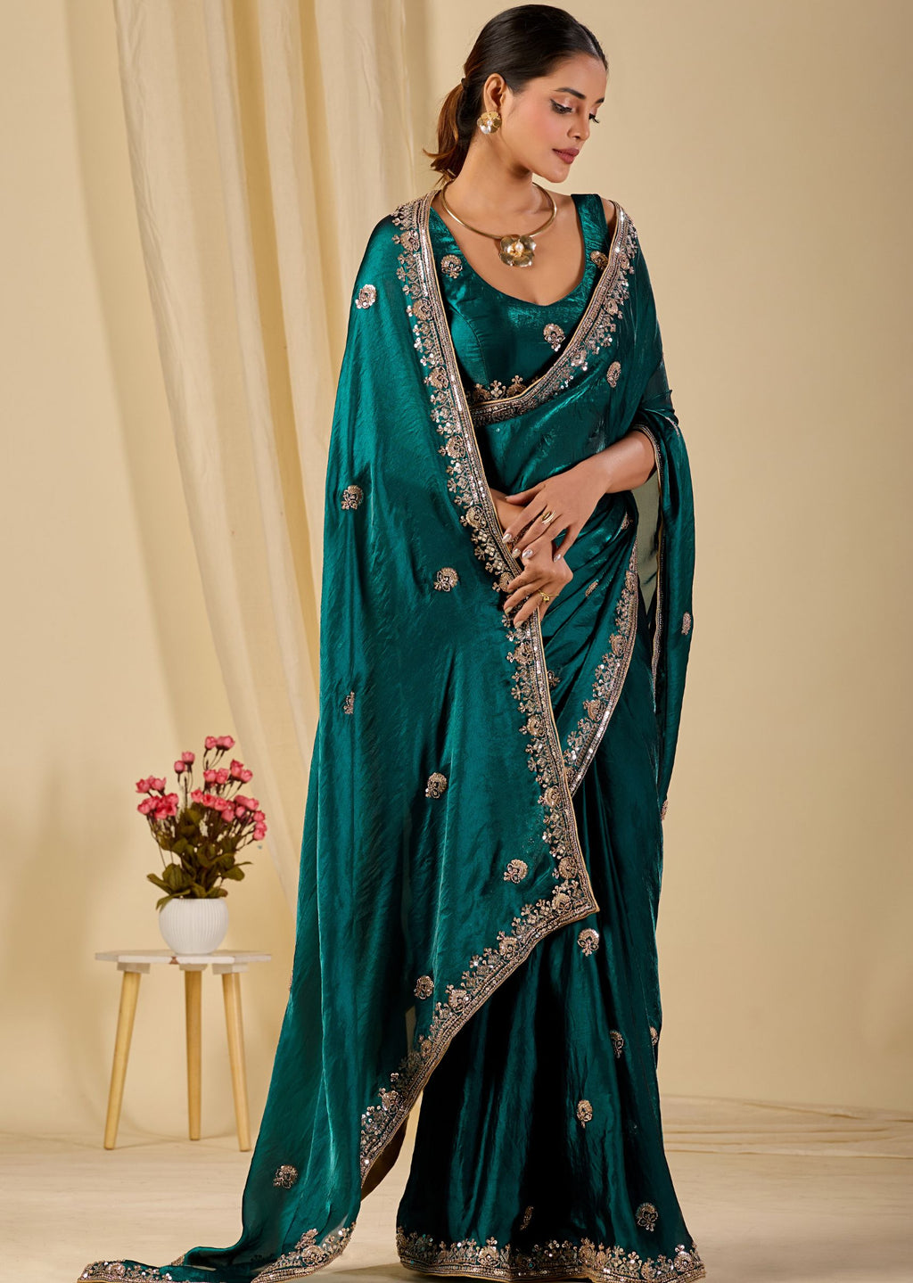 Teal Italian Silk Saree Standing Pose - Wedding Wear Saree
