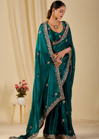 Teal Italian Silk Saree Standing Pose - Wedding Wear Saree