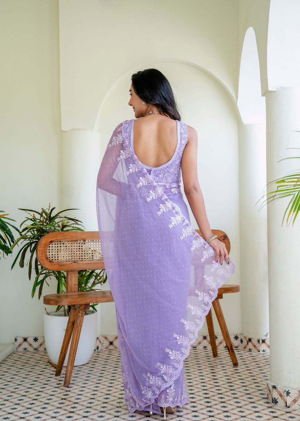 Purple Chiffon Saree Back Pose - Floral Embroidery Detail