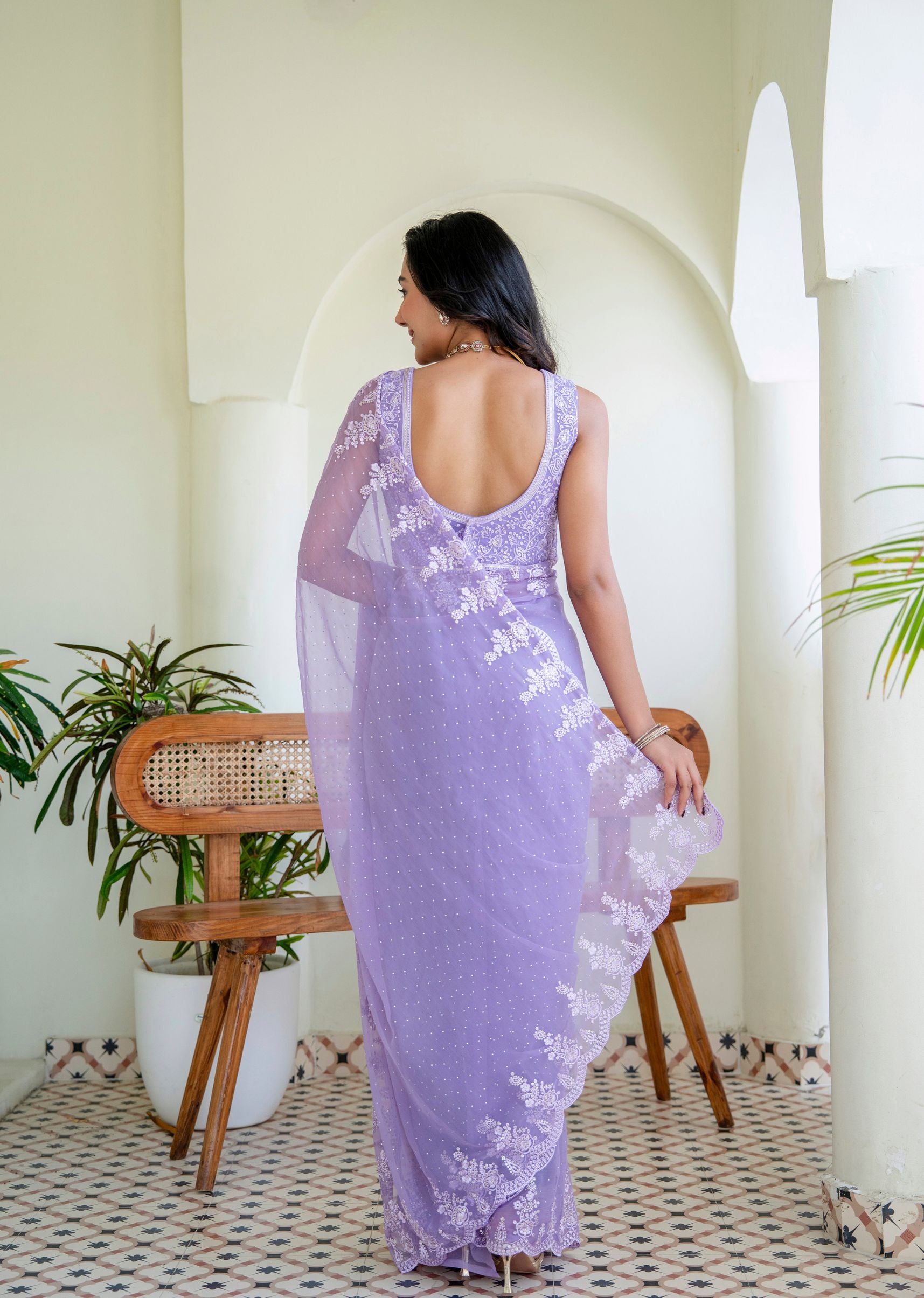 Purple Chiffon Saree Back Pose - Floral Embroidery Detail