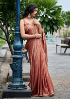 Copper Orange Italian Silk Saree Outdoor Styled Look - Festive Wear Saree