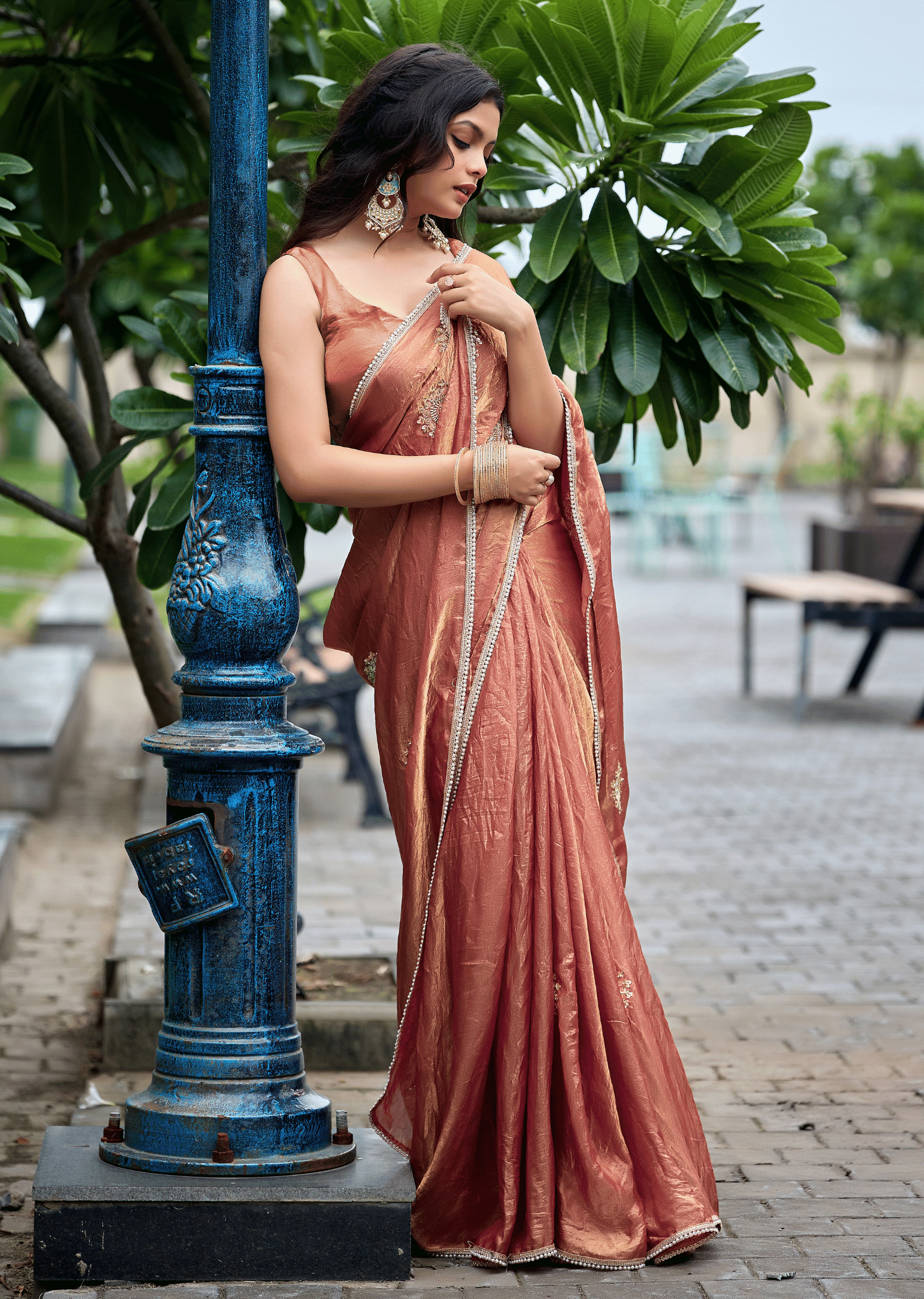 Copper Orange Italian Silk Saree Outdoor Styled Look - Festive Wear Saree