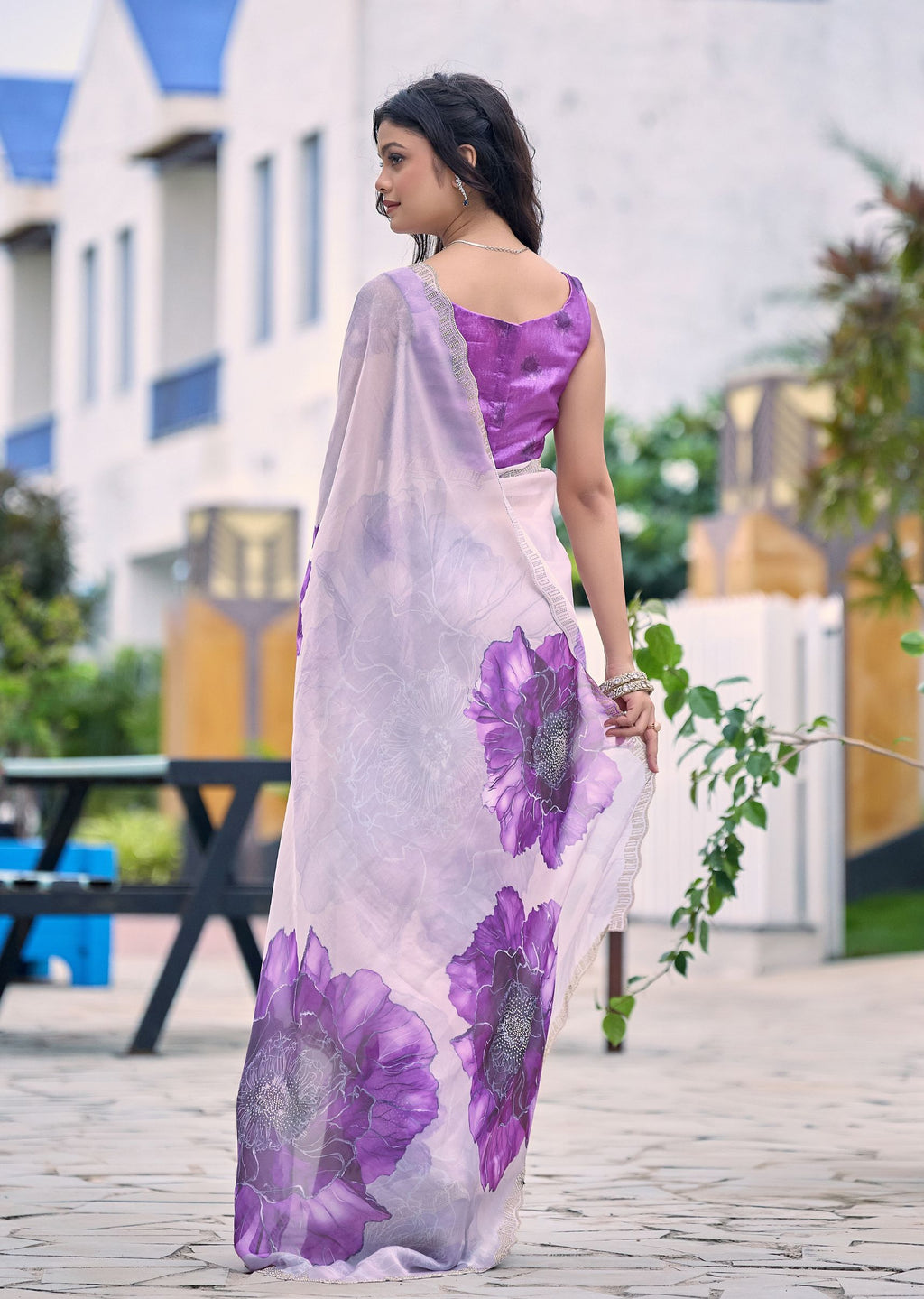 Lavender Italian Silk Saree Draped Look - Floral Print Detail