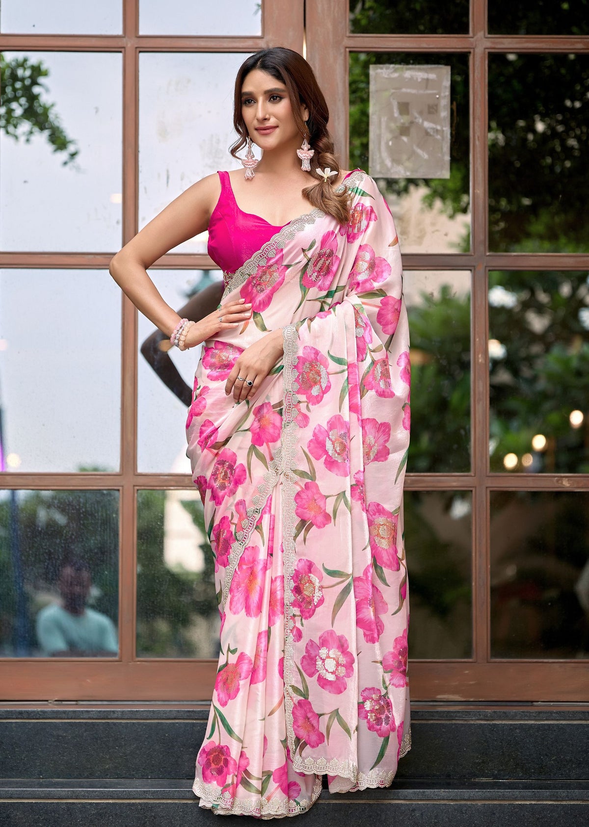 Purple Italian Silk Saree With Floral Print - Front Look | Buy Online Ethnic9