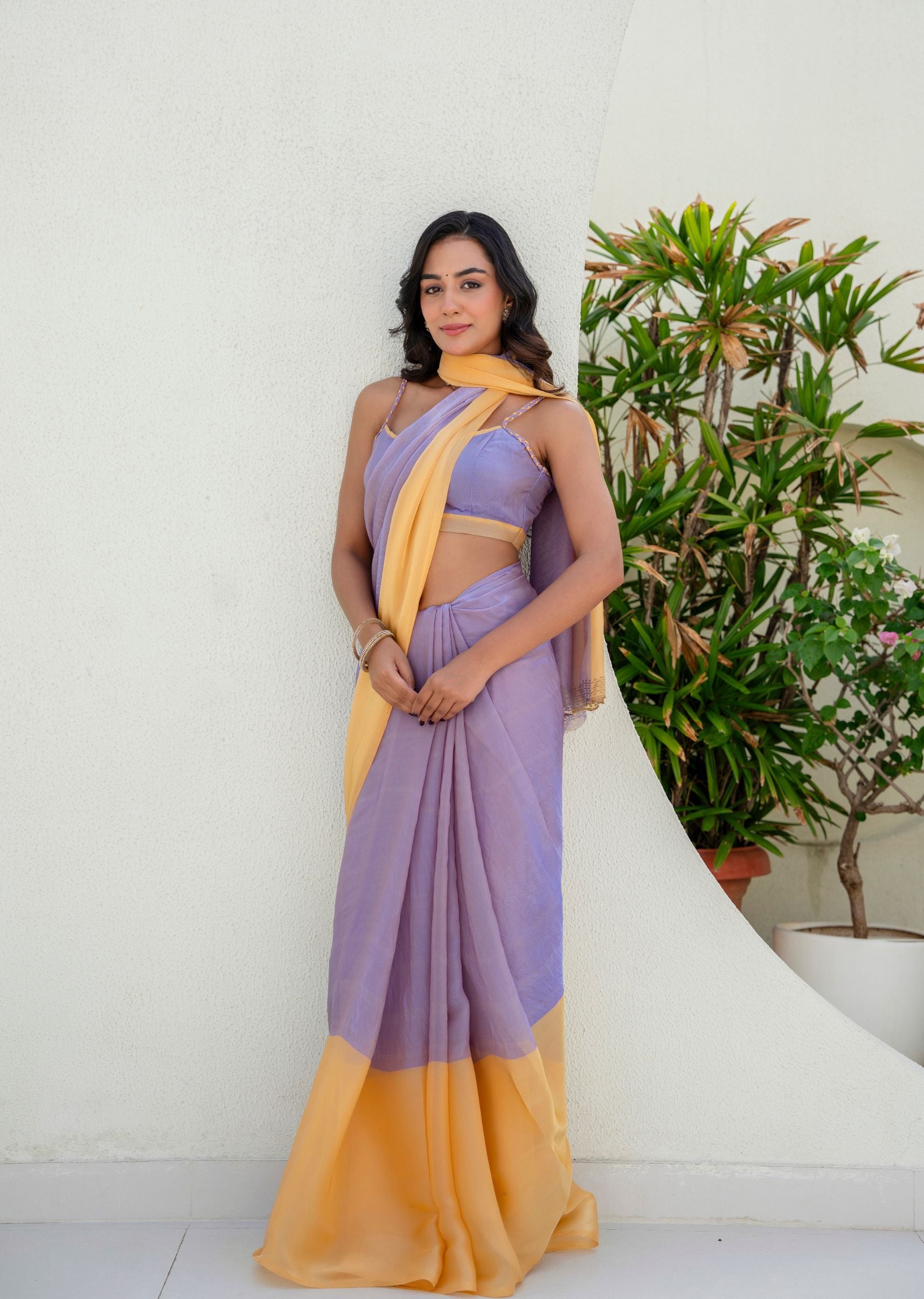 Lavender Organza Saree Outdoor Styled Look - Festive Wear Saree