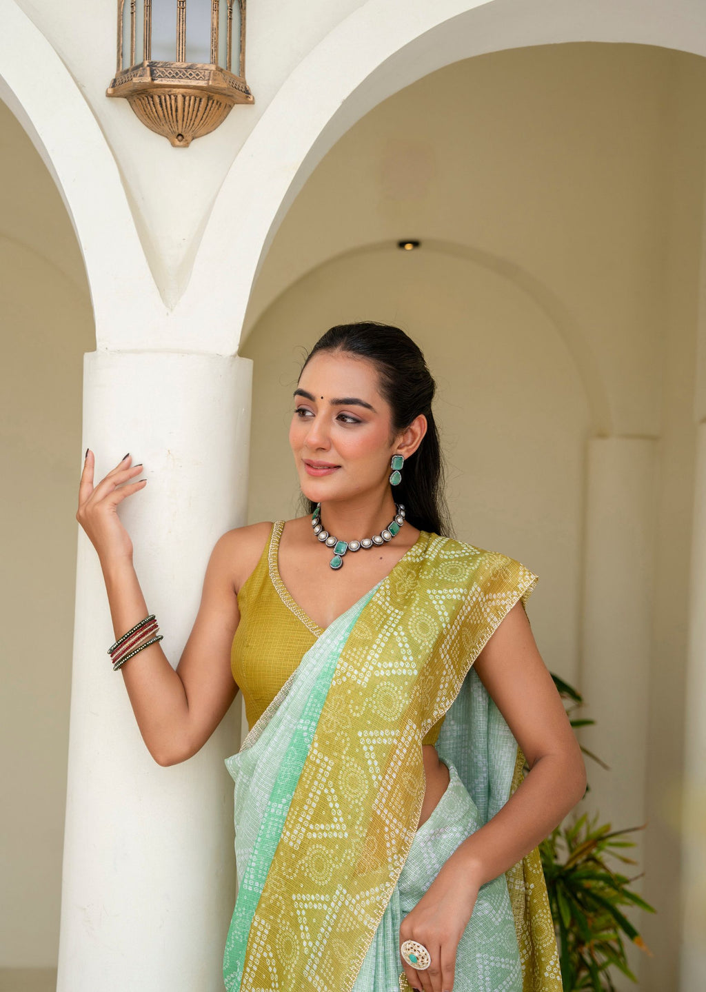 Mehendi Green Kota Silk Saree Outdoor Styled Look - Festive Wear Saree