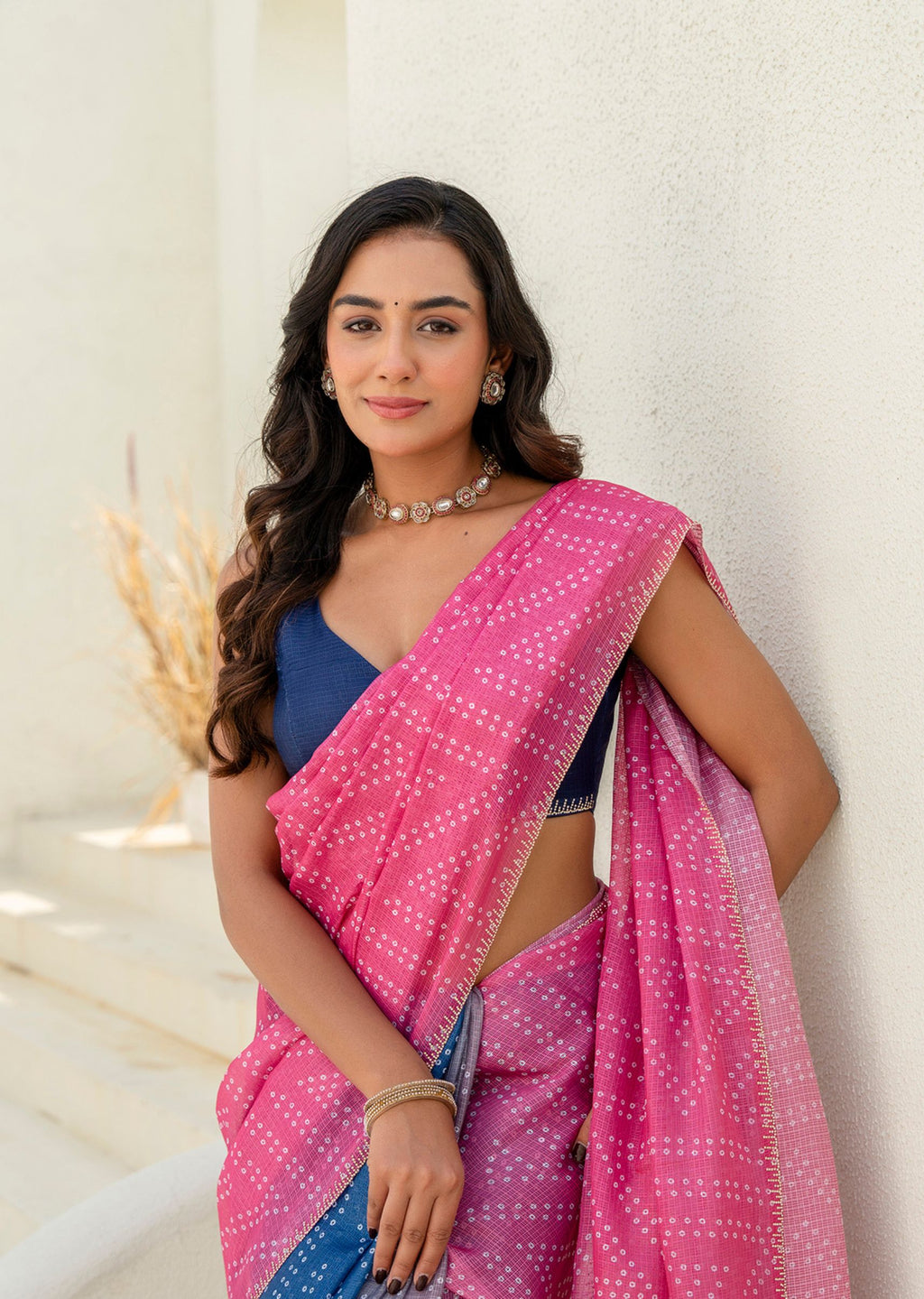 Pink Blue Kota Silk Saree Outdoor Styled Pose - Party Wear Saree