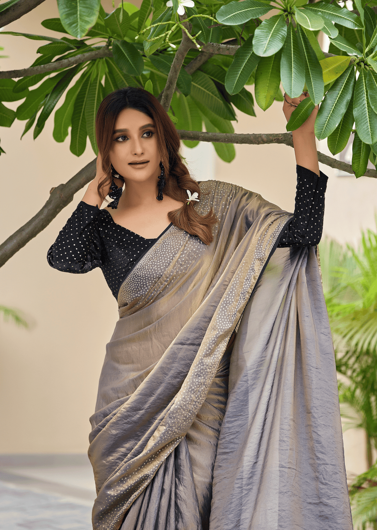 Grey Italian Silk Saree Outdoor Styled Look - Festive Wear Saree