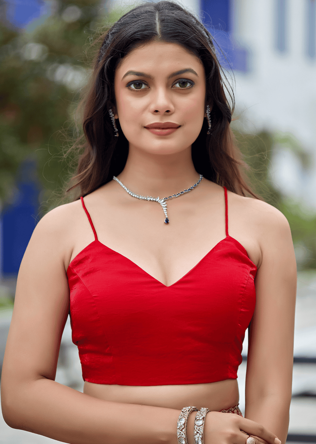 Red Italian Silk Saree With Matching Blouse - Party Wear Look
