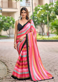 Red Italian Silk Saree With Multicolor Striped Print - Front Look | Buy Online Ethnic9