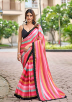 Red Italian Silk Saree With Multicolor Striped Print - Front Look | Buy Online Ethnic9