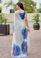 Ivory Italian Silk Saree Draped Look - Blue Floral Print Detail
