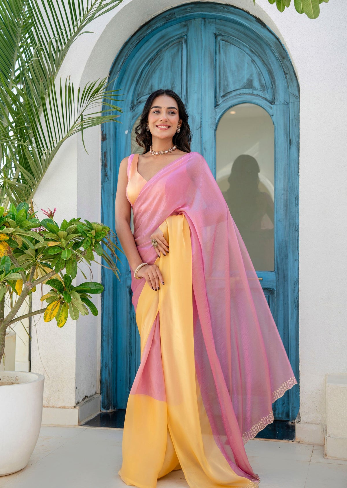 Pink Organza Saree Draped Look - Yellow Contrast Border Detail